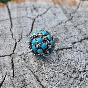 Vintage Mexico Sterling Dome Ring w Turquoise Colored Stones & Adjustable Band